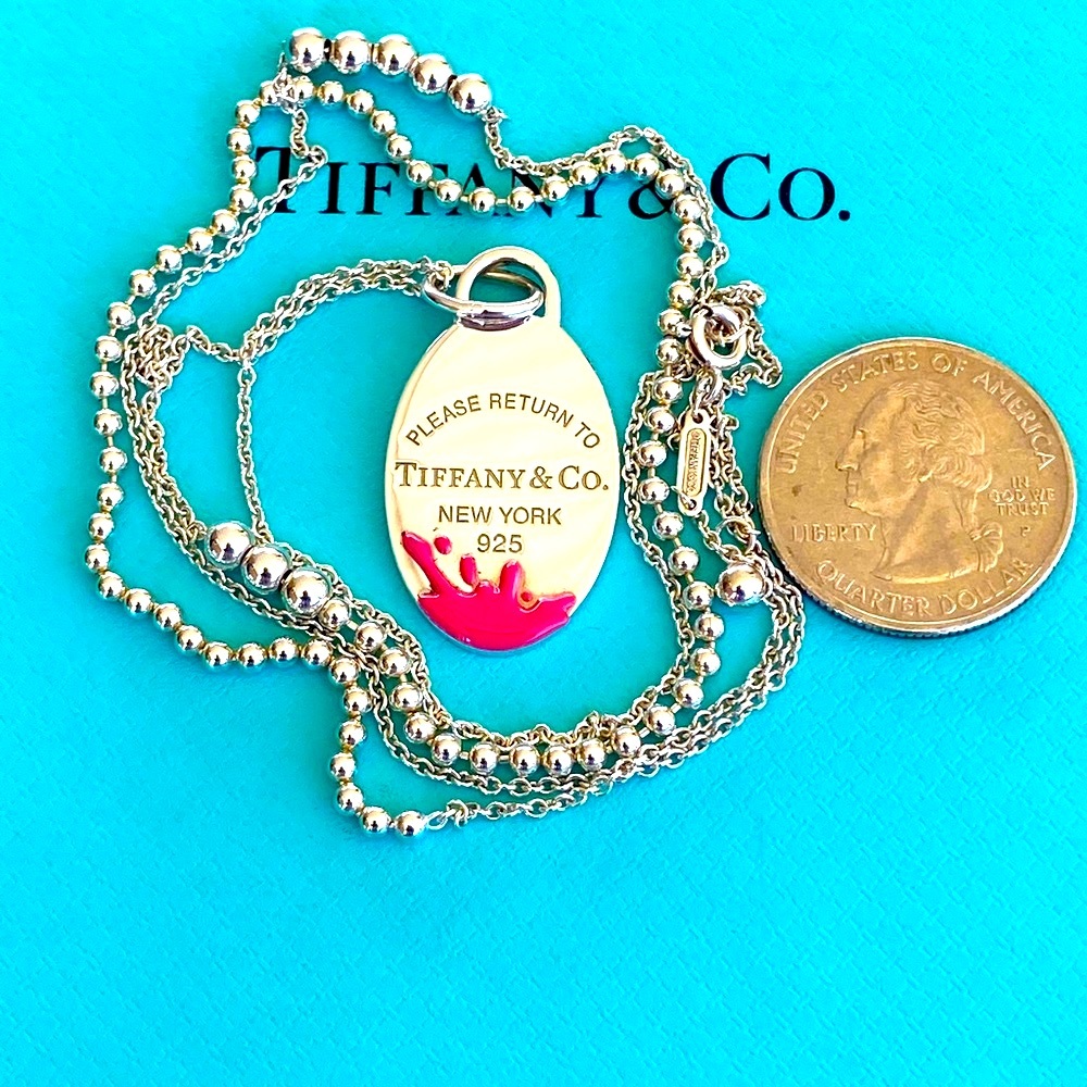 Mix bead chain and medium oval pink enamel splash necklace - Picture 2 of 6